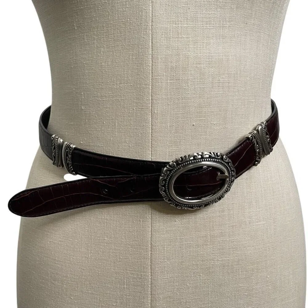 Lake Shore Drive Womens Reversible Belt M Smooth Black Brown Croc Silver Scroll